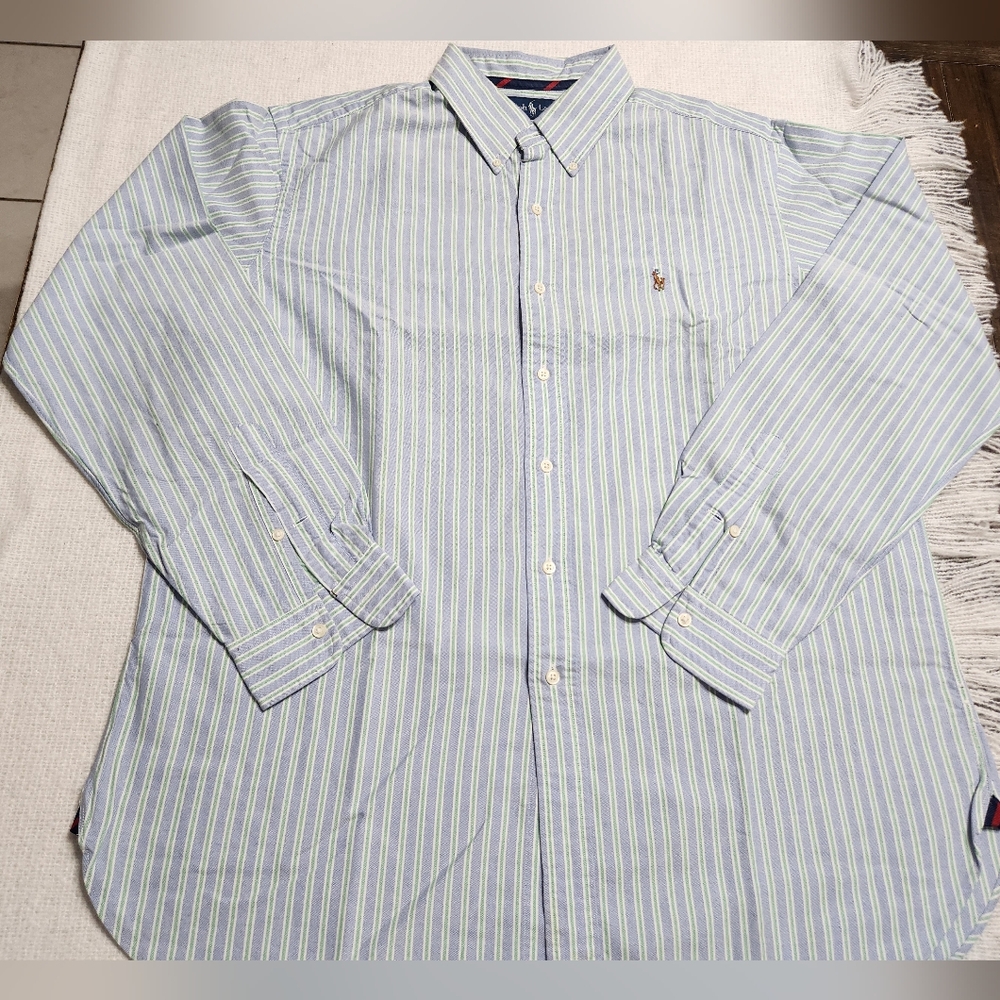 Ralph Lauren Men's Light Blue And Green Striped Shirt Size XL
